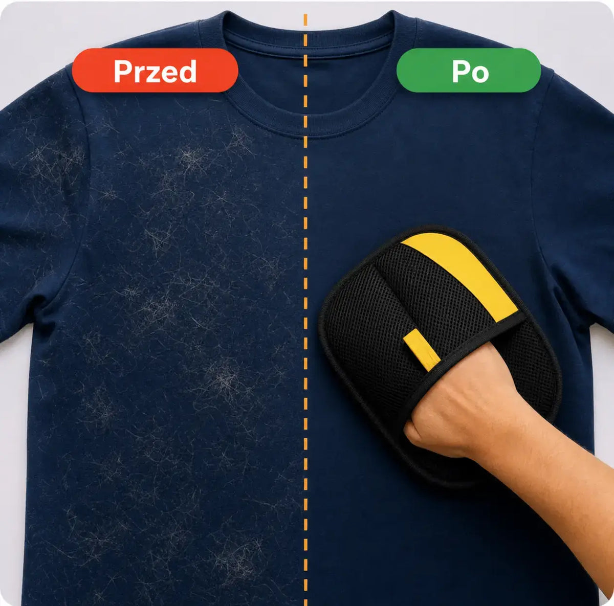 Sierść na koszulce przed i po użyciu rękawicy